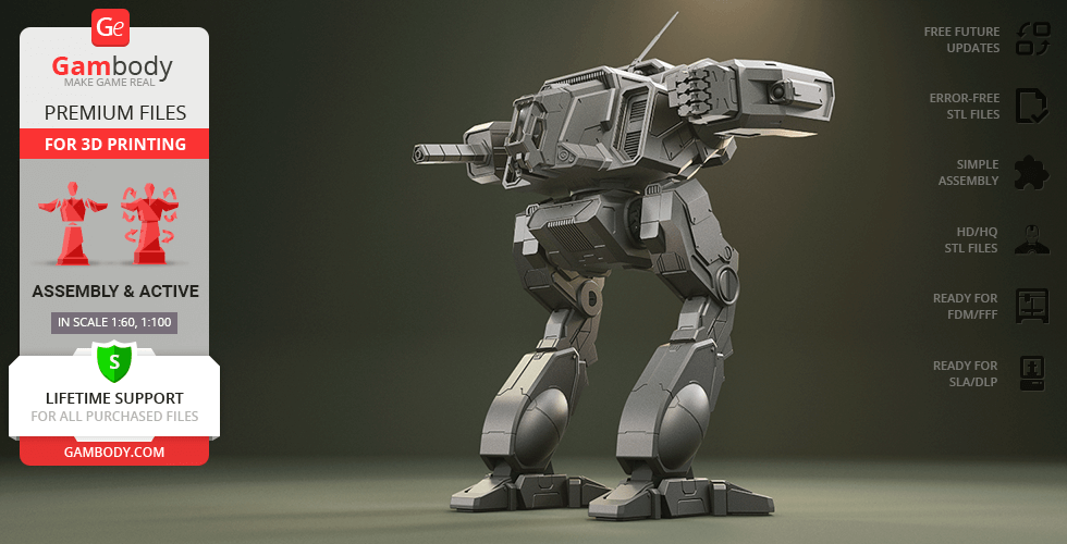 A detailed 3D model of a mech robot from MWO, suitable for 3D printing, showcased on a platform.