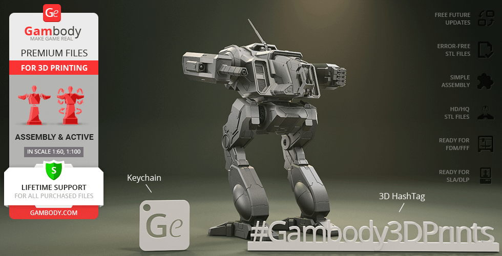 Sci-fi mech robot model for 3D printing, detailed design, marketed by Gambody.