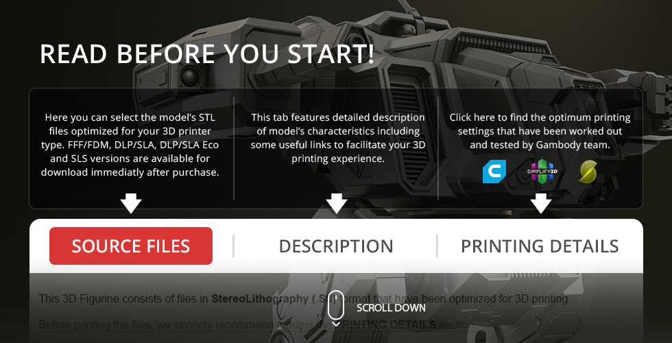 Interface for MWO Shadow Cat 3D printing, showing tabs for source files, description, and printing details.