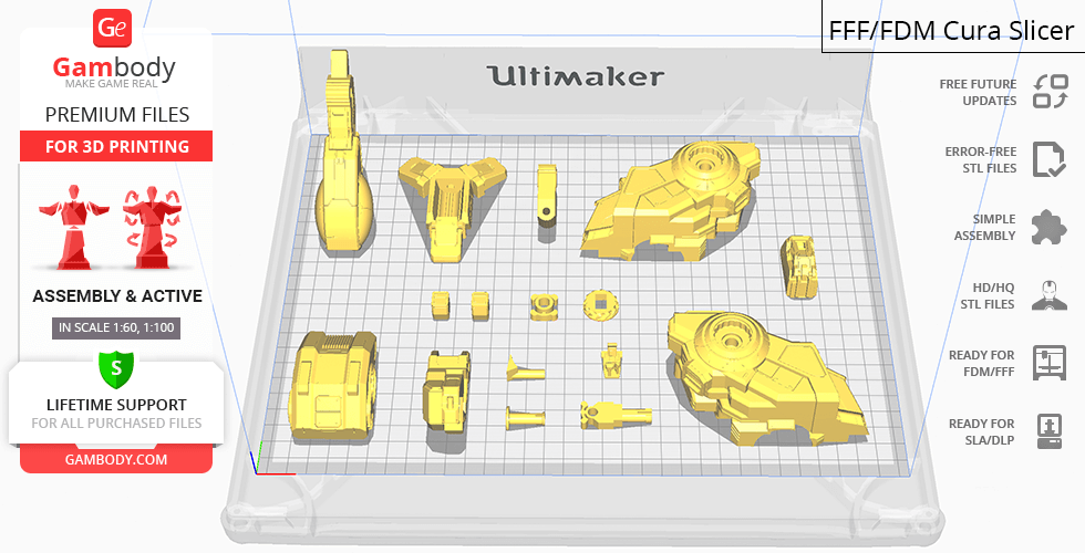 3D model parts of MWO Shadow Cat arranged for printing on Ultimaker, displayed in slicing software.