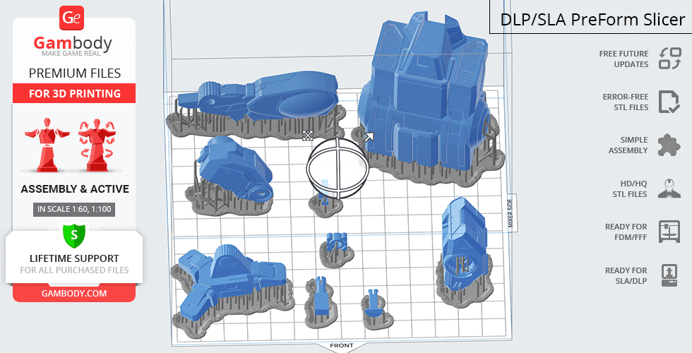 3D printable parts of the MWO Shadow Cat model displayed in a slicer software layout.