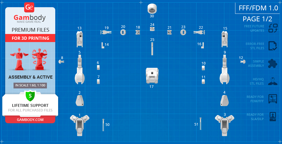 Blueprint layout of the MWO Shadow Cat 3D print parts on a grid background.
