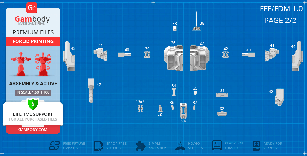 Blueprint layout of 3D printable parts for a mech model, featuring labeled components for assembly.