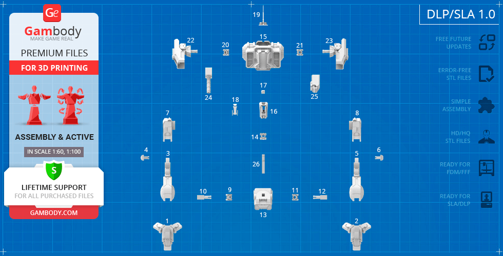 Blueprint layout of 3D printable parts for MWO Shadow Cat model on a grid background.