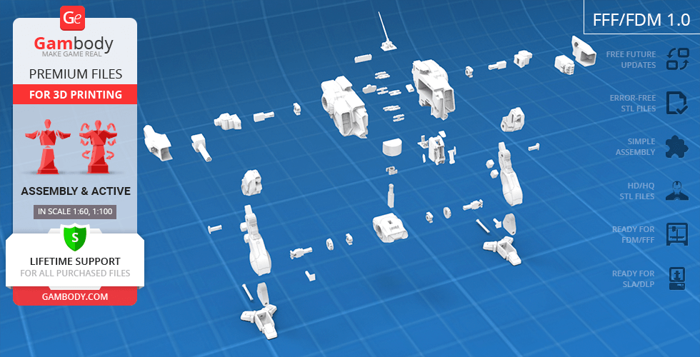 3D model assembly parts for the MWO Shadow Cat from Gambody, displayed on a blue grid background.