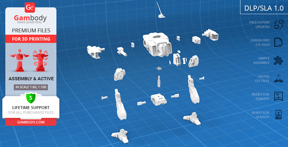 3D model parts of MWO Shadow Cat mech for printing, shown on a blue grid background.