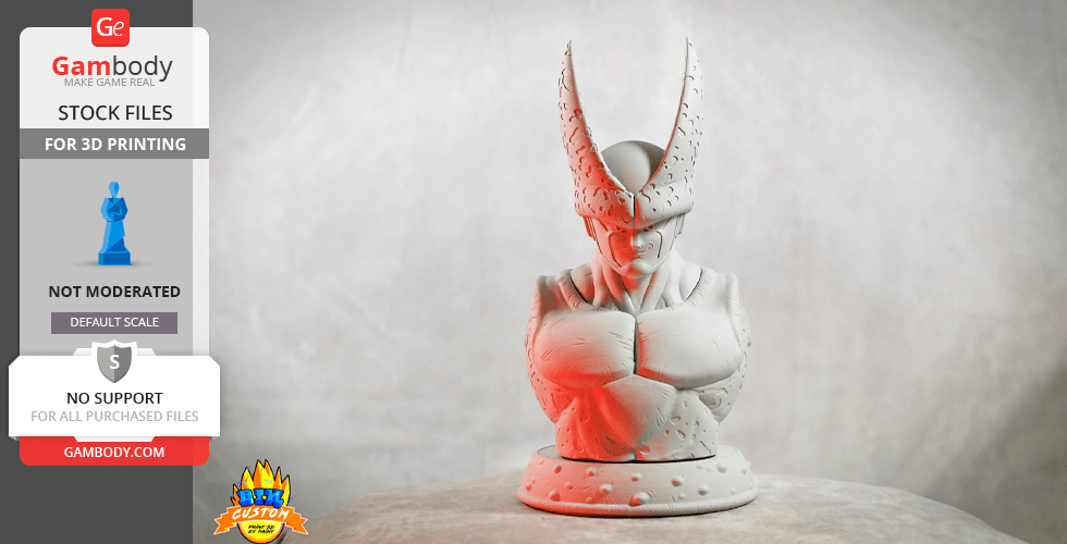 A 3D printed bust of a sci-fi character with a textured exoskeleton and tall horned helmet.