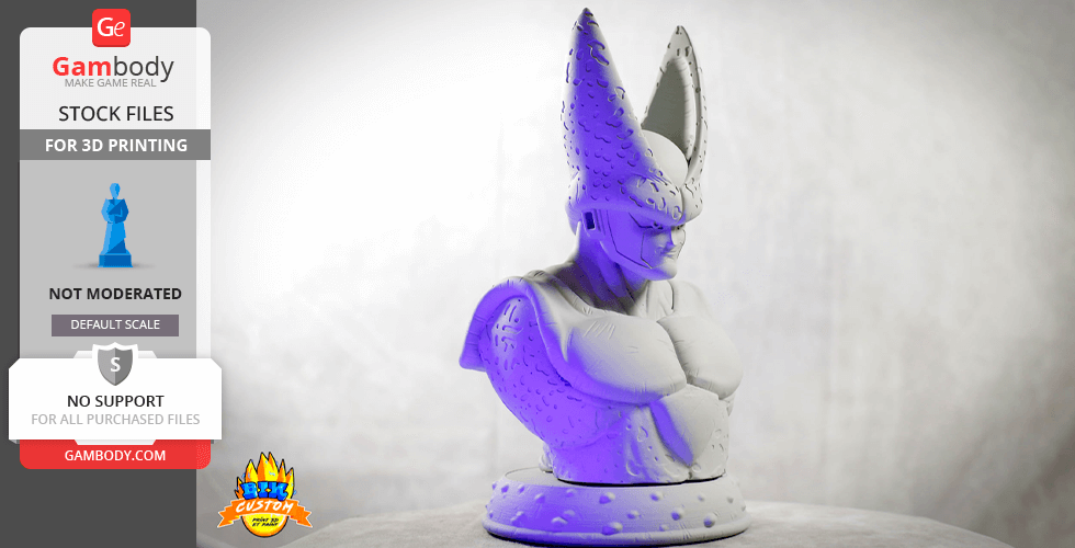 A detailed bust of a character with a tall, textured headpiece and muscular build, designed for 3D printing.