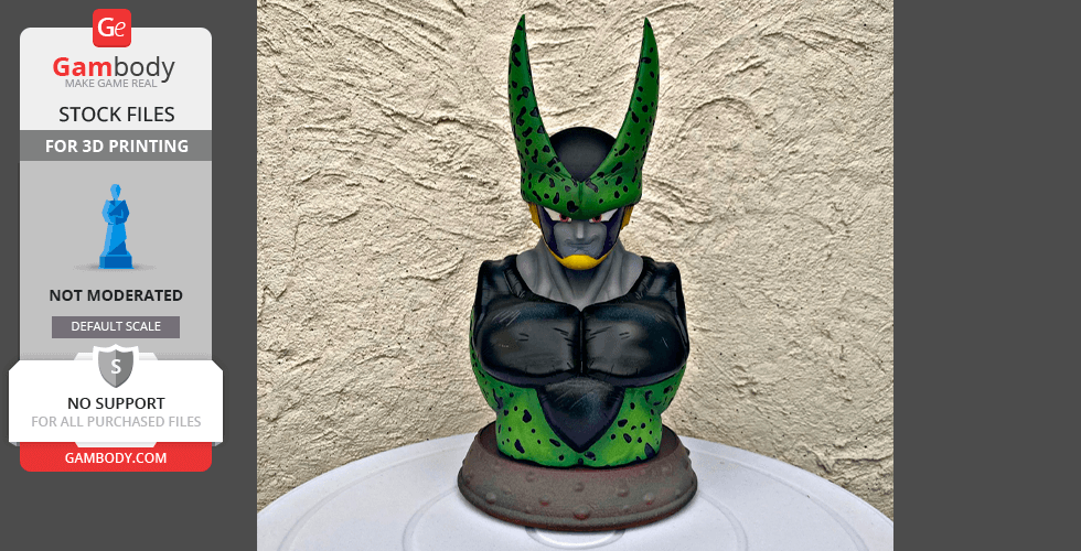 A 3D-printed bust of a character with green and black armor, featuring a tall, textured helmet.