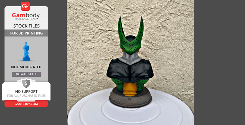 A green and black alien-like bust with pointed ears on a circular base, designed for 3D printing.