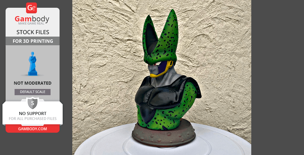 A green, black-spotted bust of a humanoid character with armored chest and head fins on a textured background.