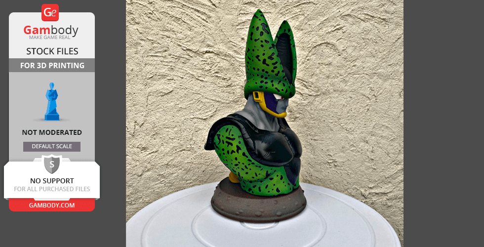 A detailed bust of a green and black armored creature with a tall, patterned headpiece on a round base.