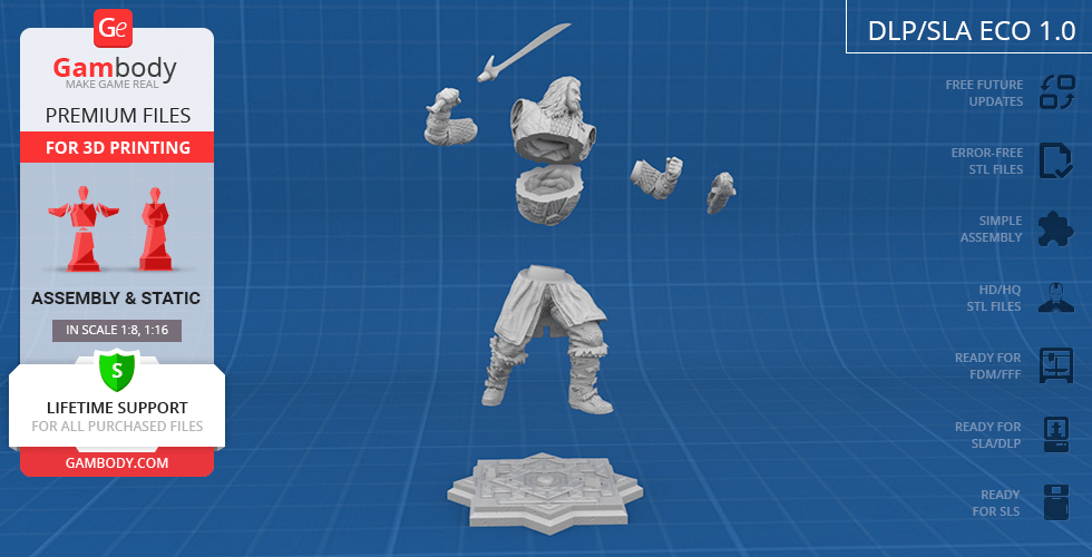 3D printable Thorin Oakenshield model parts for assembly on a digital blueprint background.