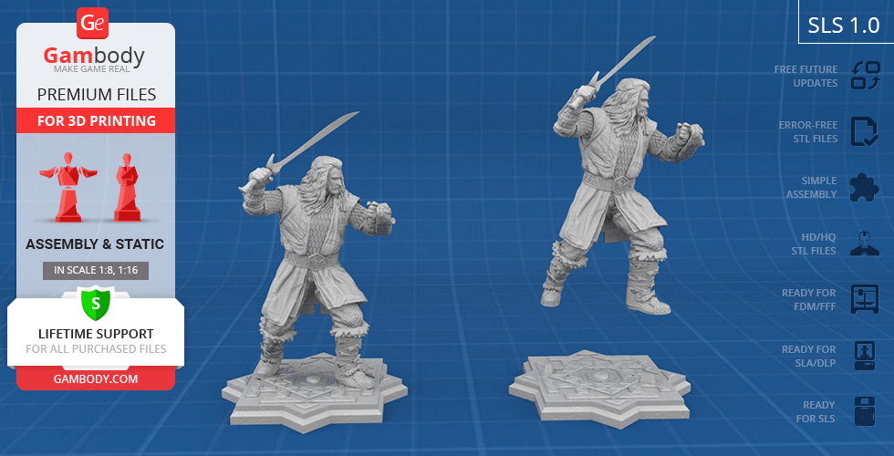 3D printable model of a warrior with a sword, standing on a detailed base, shown from two angles.