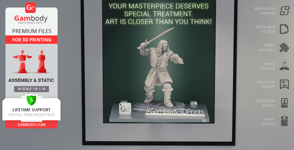 3D model of Thorin Oakenshield holding a sword, ready for printing, displayed on a branded platform.