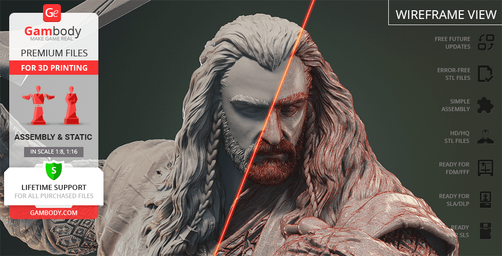 3D model of a bearded warrior with intricate armor, available for 3D printing from Gambody.