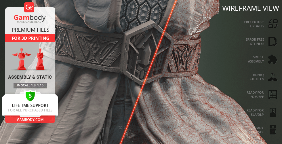 Close-up of a detailed 3D model's belt with complex geometric patterns and fabric textures.