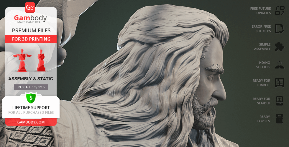 3D model of a bearded figure with long hair, detailed texture for 3D printing from Gambody files.