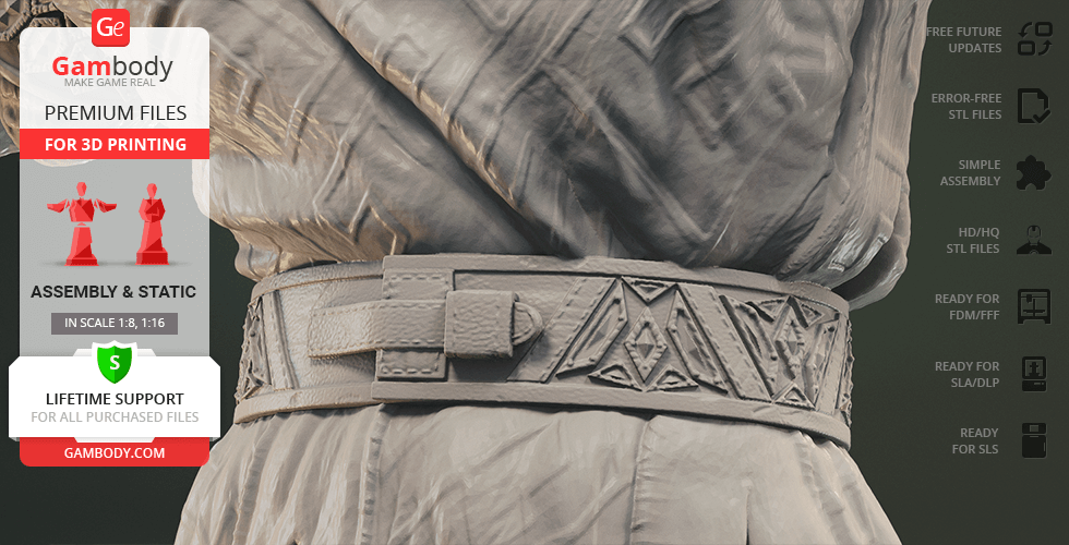 Detailed close-up of a 3D model's textured belt and garment from a 'Lord of the Rings' inspired design.