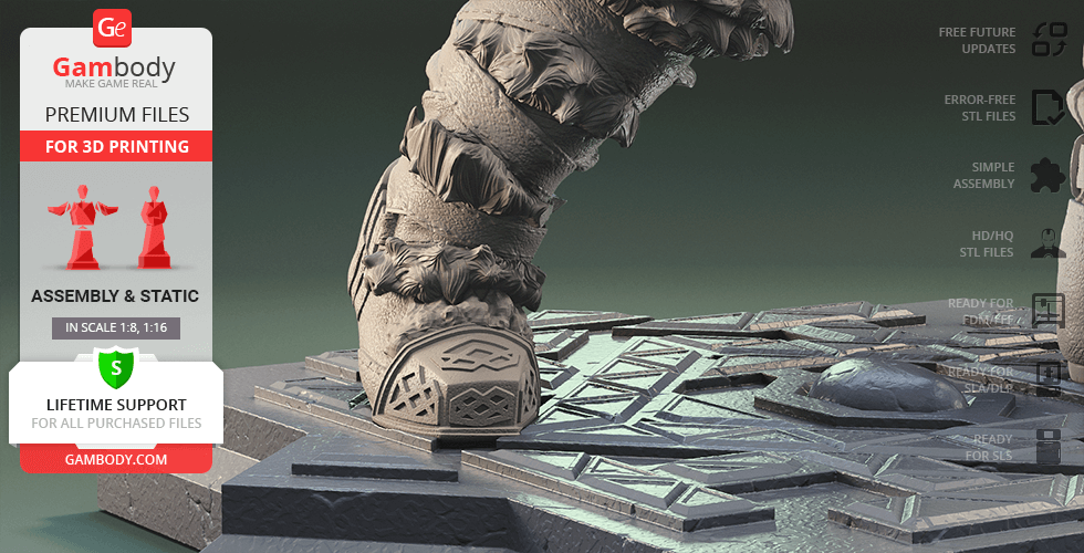 Detailed 3D model of Thorin Oakenshield's boots standing on a decorative base for 3D printing.