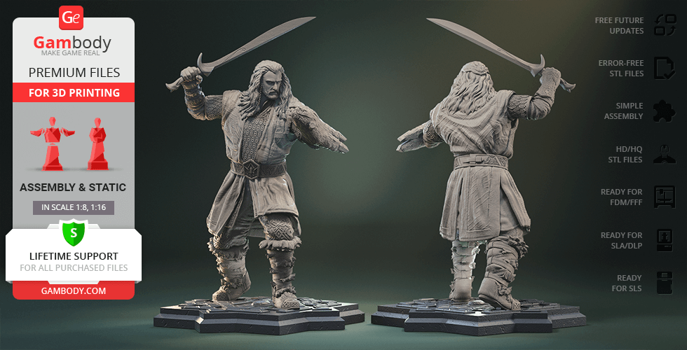 A detailed 3D model of a warrior with swords, suitable for 3D printing, shown from multiple angles.