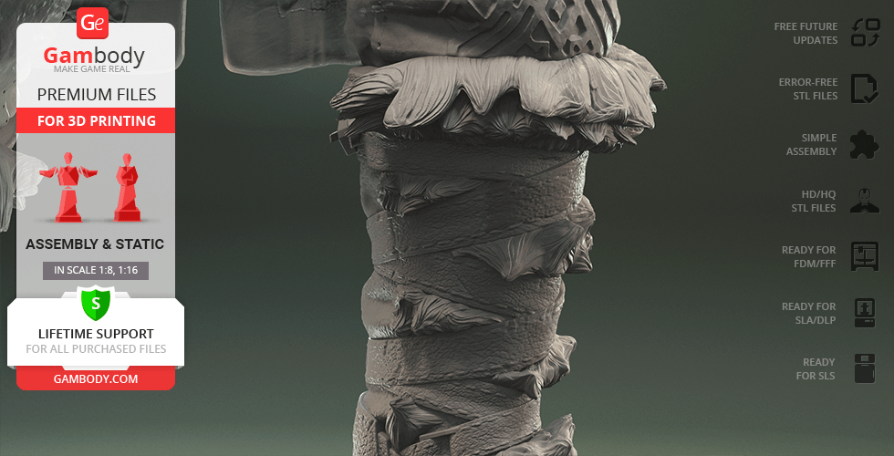 Detailed close-up of a 3D printable model's layered clothing textures.