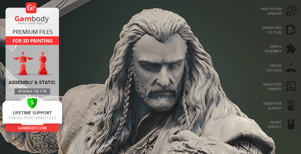 3D model of a bearded warrior with long hair and ornate armor, ready for 3D printing.