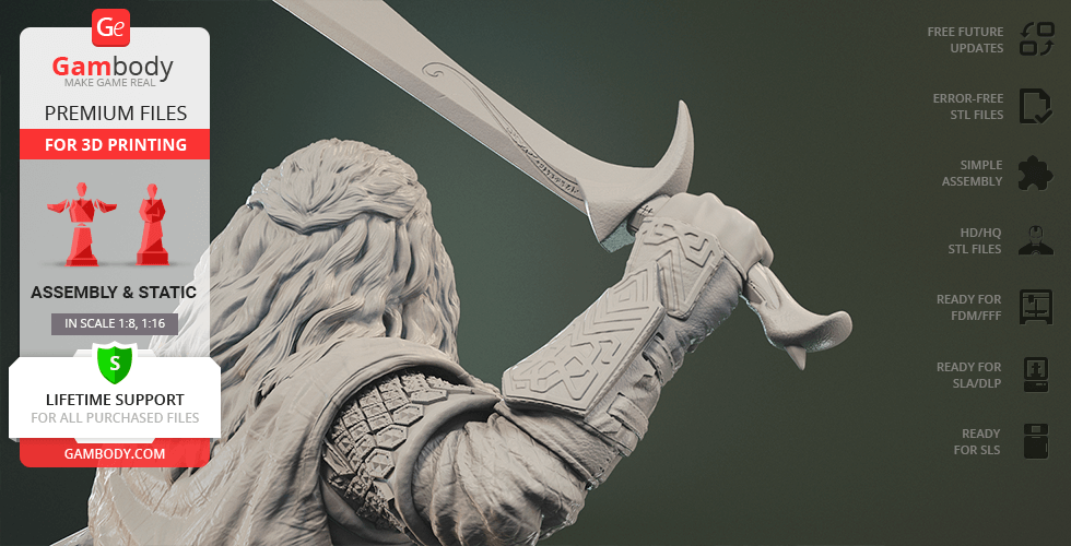 3D render of a warrior with a sword, intricate armor detail, for printing, shown by Gambody promotional material.