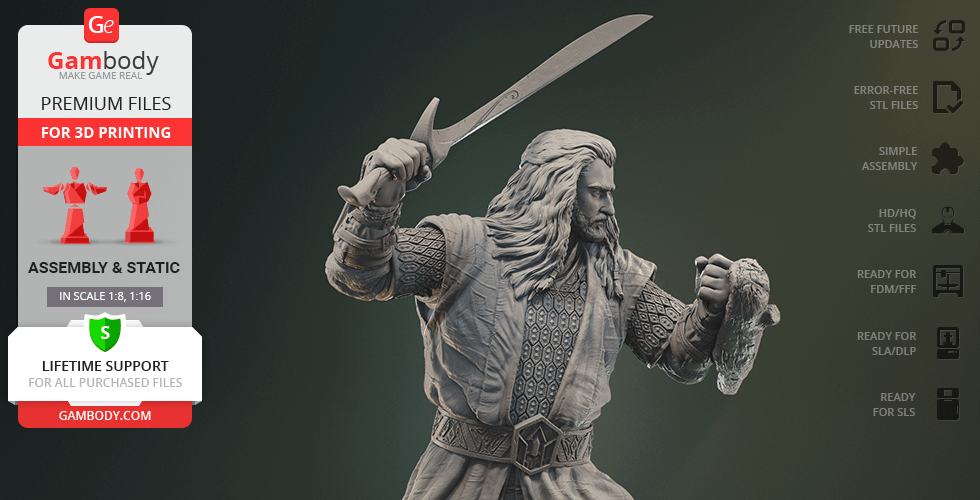 3D model of a warrior with long hair and beard, holding a sword, in a dynamic pose.
