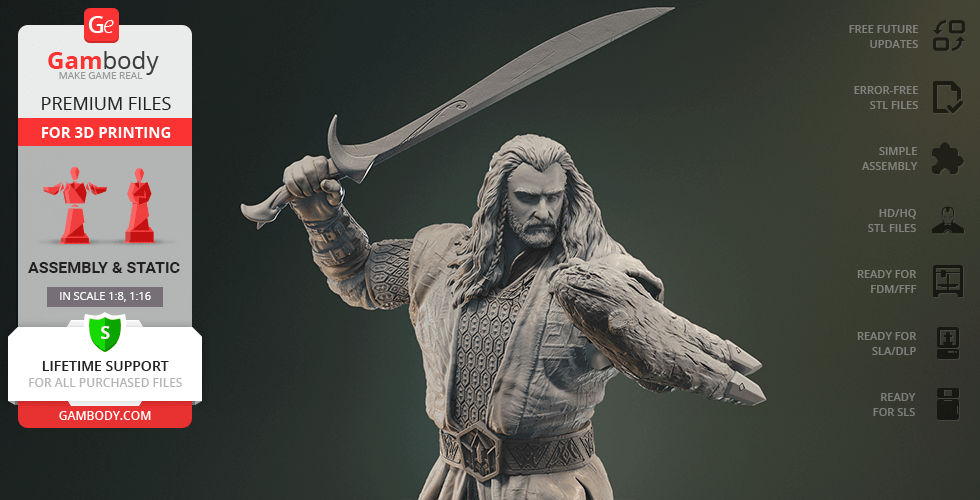 A detailed 3D model of a warrior with long hair wielding a sword, designed for 3D printing.