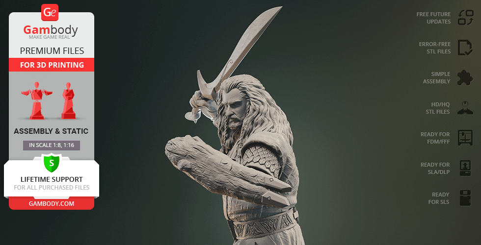 A detailed 3D model of Thorin Oakenshield with a sword, designed for 3D printing.