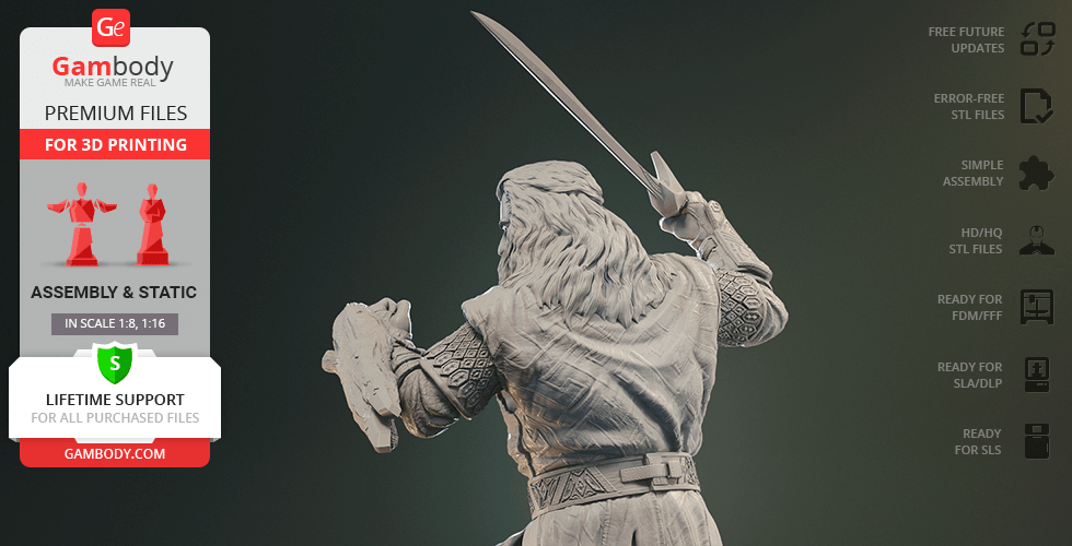A detailed 3D model of a warrior with a sword, ready for 3D printing from Gambody.