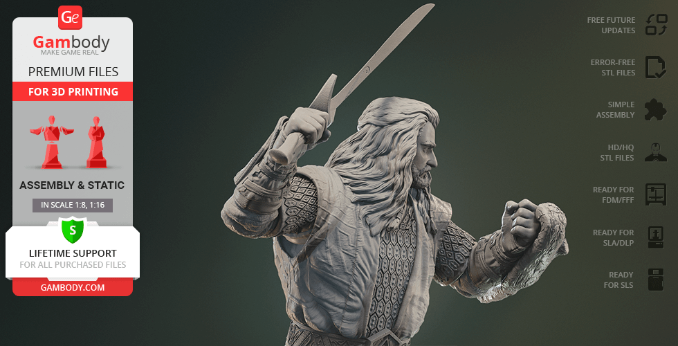 A detailed 3D model of a warrior with long hair holding a sword, ready for 3D printing.