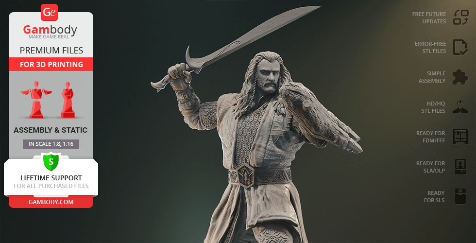 A detailed 3D model of a warrior in elaborate armor, holding a sword aloft, ready for 3D printing.