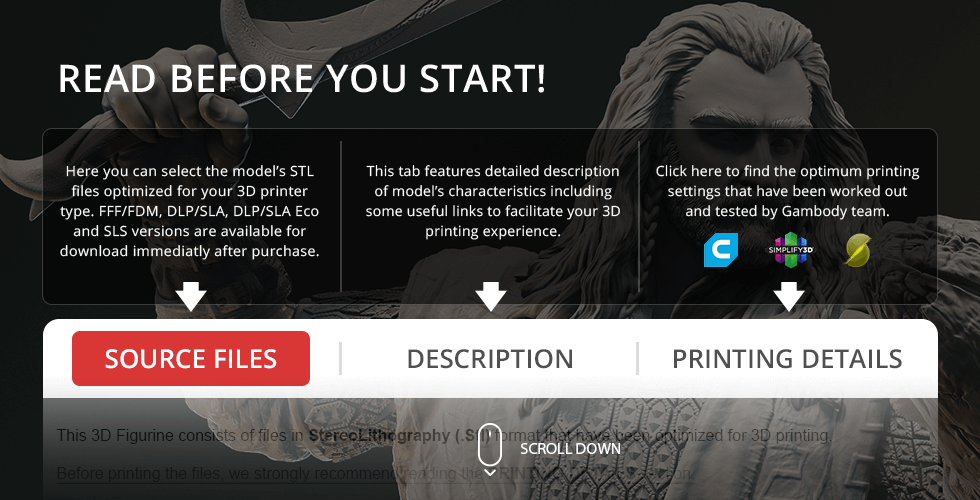 3D printable files interface for Thorin Oakenshield model, featuring source files, description, and printing details.