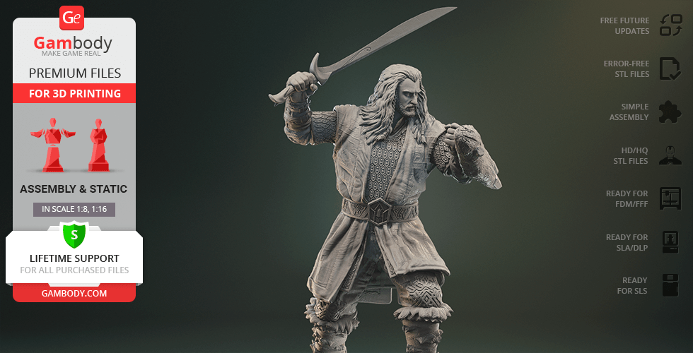 A detailed 3D model of a warrior holding a sword, suitable for 3D printing, from Gambody.