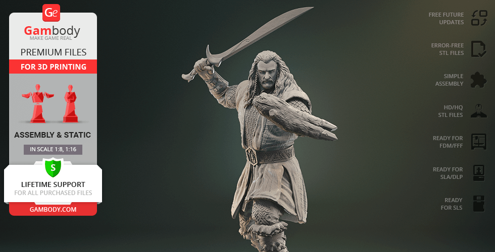 3D model of a warrior with a sword, detailed clothing and armor, ready for 3D printing from Gambody.