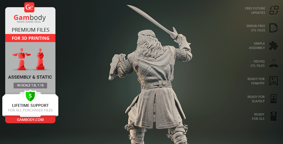3D model of a warrior with a sword raised, detailed clothing and armor, designed for 3D printing.