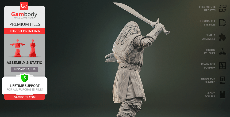 3D model of a warrior with a sword, ready for printing, showing detailed armor and dynamic pose.