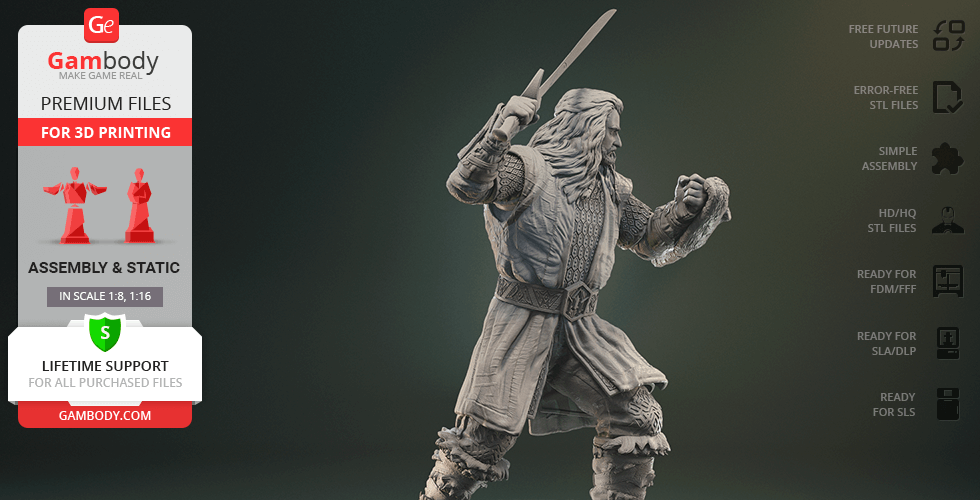 A detailed 3D model of a warrior with long hair and armor, holding a sword, ready for 3D printing.