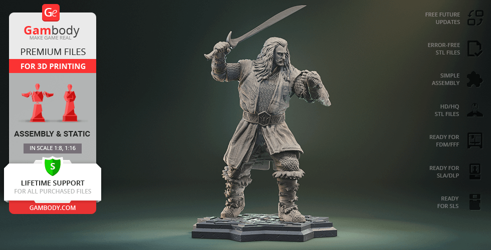 3D model of a warrior with a sword, wearing detailed armor, on a hexagonal base, for printing.