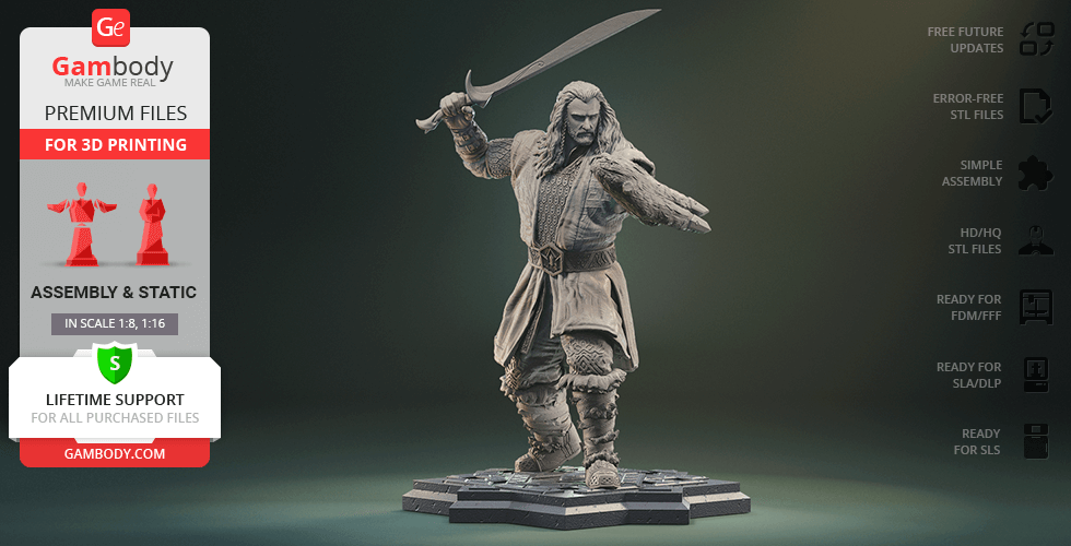3D model of a warrior with a sword, in a dynamic pose on a hexagonal base, wearing detailed armor.