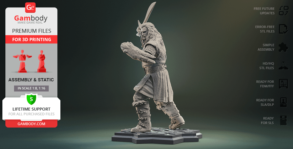 3D model of Thorin Oakenshield in a dynamic pose, ready for 3D printing, displayed on a textured base.
