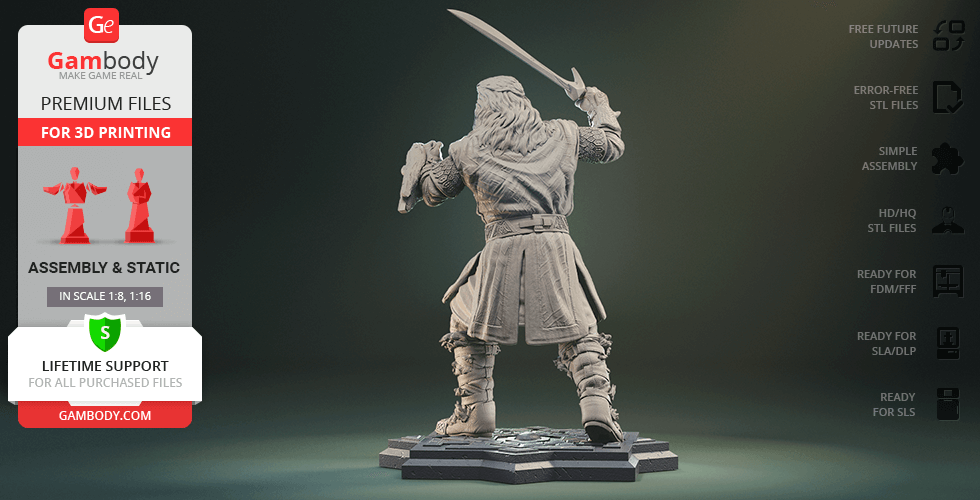 A 3D model of a warrior with a sword, long hair, and armor, standing on a detailed base, ready for printing.