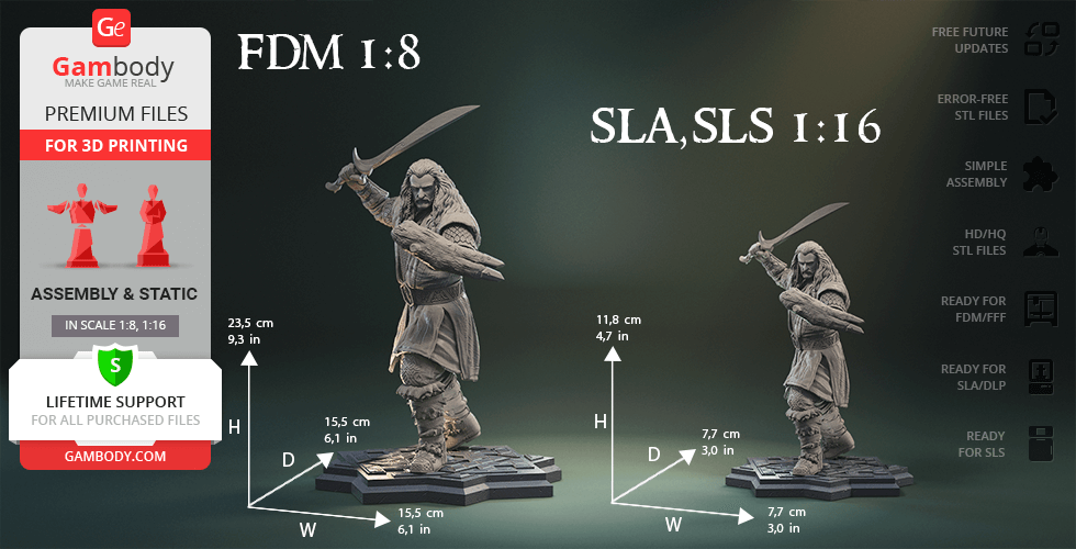 3D model of a warrior with sword raised, ready for printing in 1:8 and 1:16 scales.