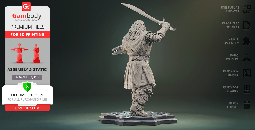 A detailed 3D model of a warrior holding a sword, designed for 3D printing on a decorative base.