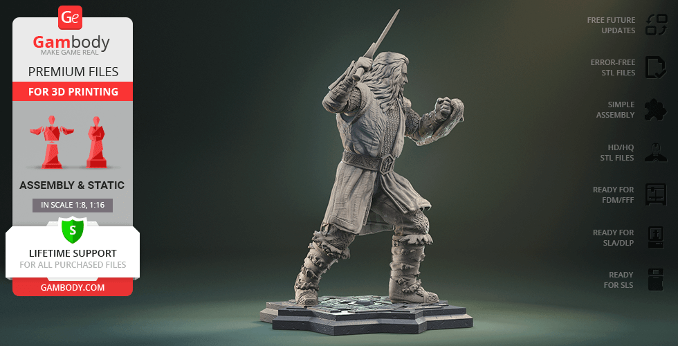 3D model of a warrior with a sword and armor, standing on an ornate base, ready for printing.