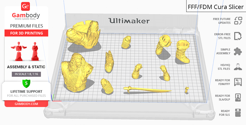 3D model parts of a character from 'Lord of the Rings' laid out for printing on a grid surface.