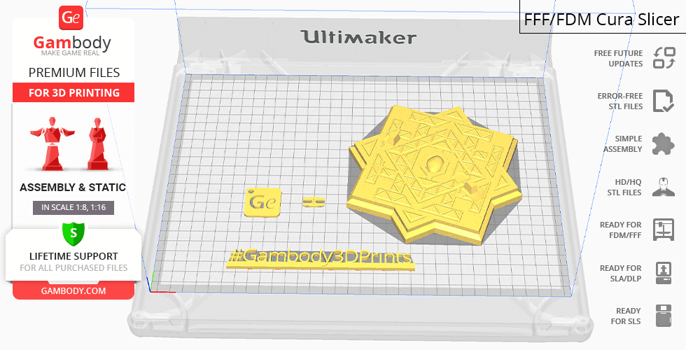 A 3D printer interface showing a star-shaped object and '#Gambody3DPrints' ready to print.