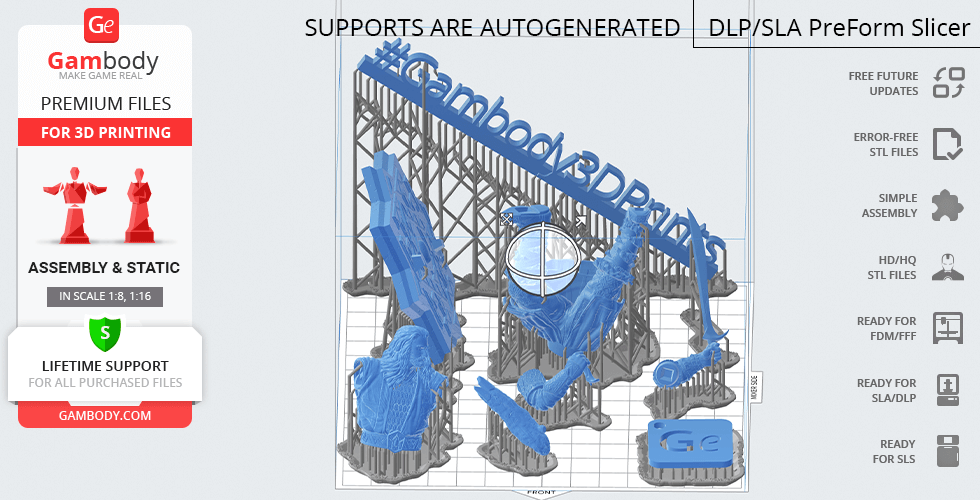 3D model of Thorin Oakenshield with supports for printing, shown in a slicer view.